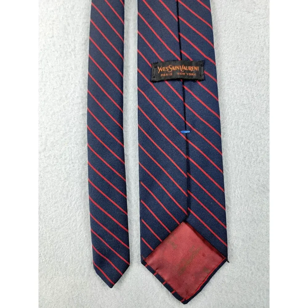 Vintage Yves Saint Laurent Navy Red Striped Tie YSL Logo